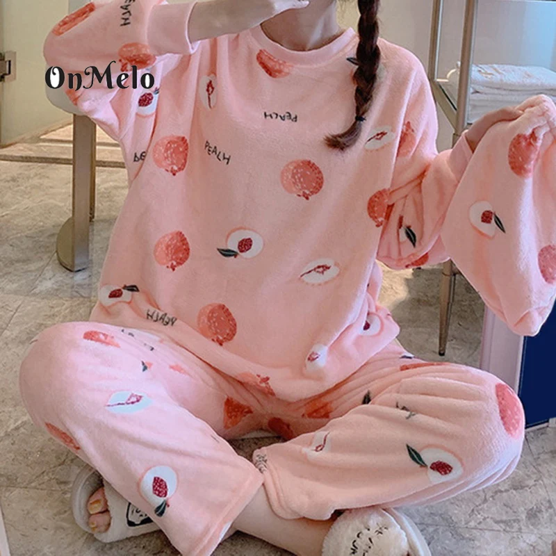 OnMelo Women Pajamas Cute Print Warm Flannel Pyjamas Sets Thin Coral Velvet Long Sleeve+Pants Fall Winter Casual Sleepwear
