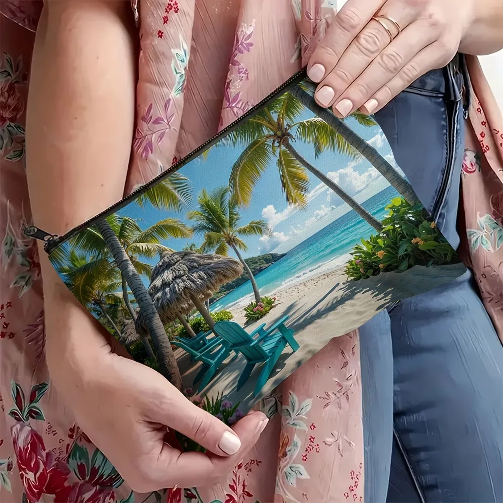 Фото Двусторонняя льняная косметичка Tropical Beach с дизайном пальм и бирюзового океана, дорожная сумка для туалетных принадлежностей, легкая и прочная №2
