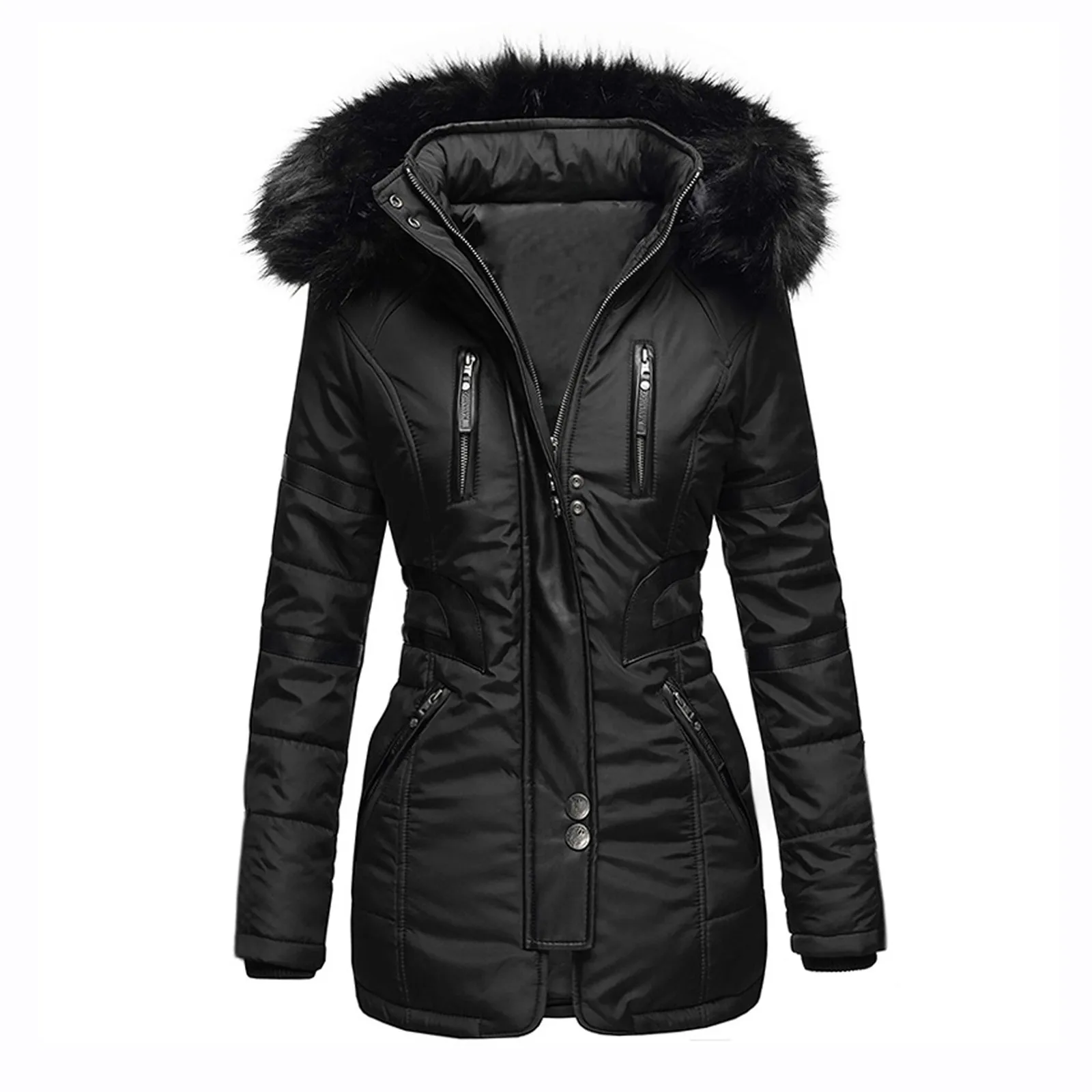 New contrasting color zipper with large fur collar for three-dimensional slimming, casual and warm cotton clothes for women