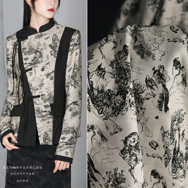

Fabric Wide 140cmx50cm Black and White Double-Sided Jacquard Flower Artistic Retro Chinese Diy Coat Skirt Spring Summer Clothing