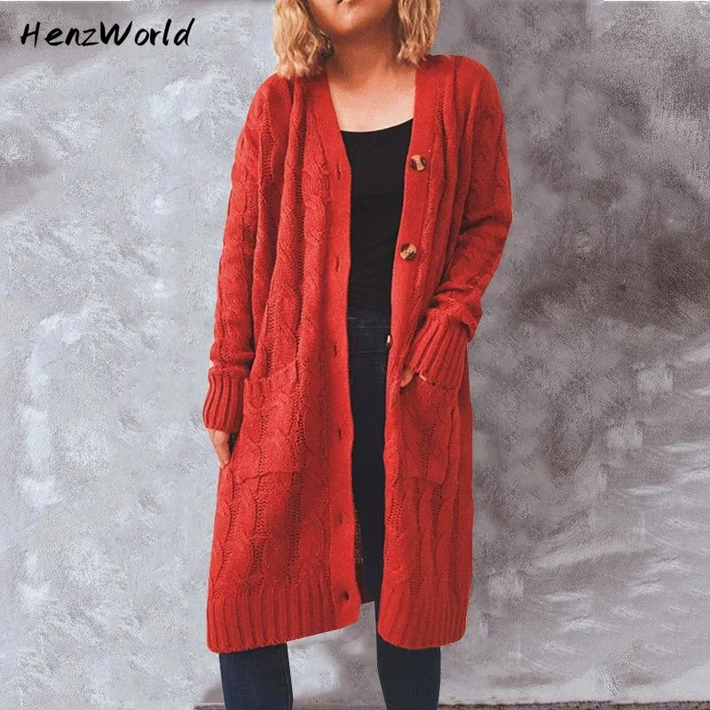 

HenzWorld Women's Clothing Autumn Winter New Single Breasted Thick Fried Dough Twist Pocket Knitted Long Sweater Cardigan Jacket