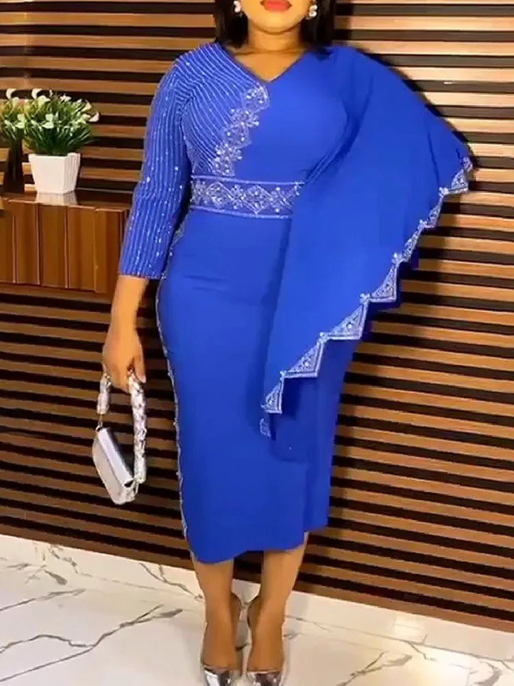 

Hot Diamond Elastic V-neck Elegant Women Dress 2023 Fashion African Clothes 3/4 Sleeve High Waist Midi Dress Party Outfits