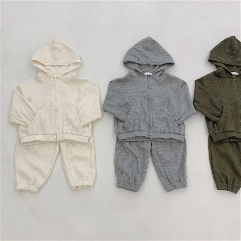 Spring Autumn Boys and Girls Solid color Waffle clothes sets zipper hooded coat and pants 2Pcs children set