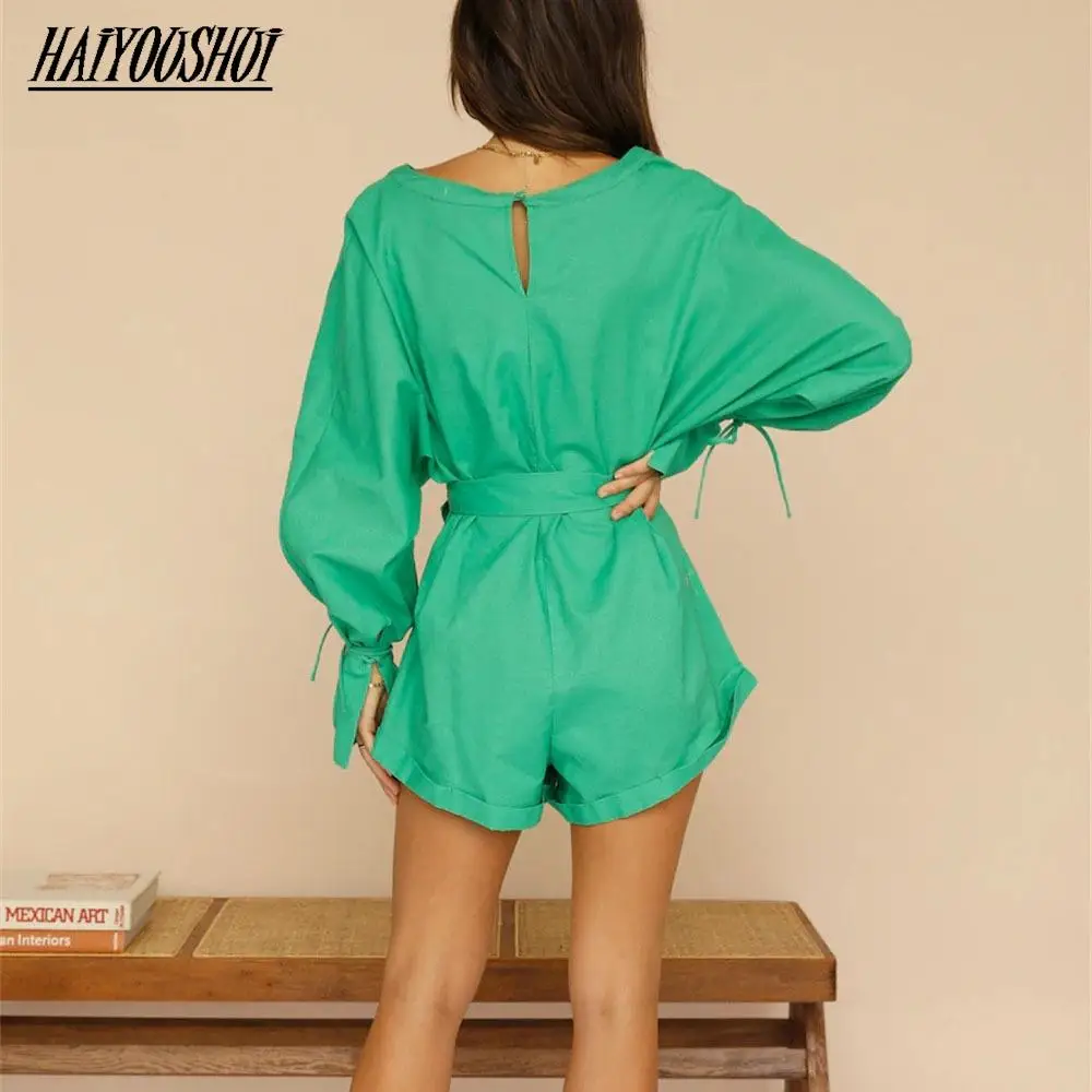 Women Fashion Casual V Neck Shirt 1 Piece Set 2022 Spring Summer Female Long Sleeve Shirt High Waist Drawstring Shorts Trucksuit