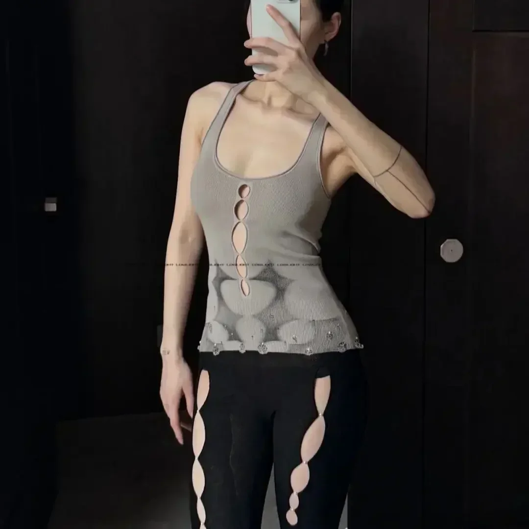 Горячая девушка ажурная бретелька рваный сексуальный жилет летняя основа