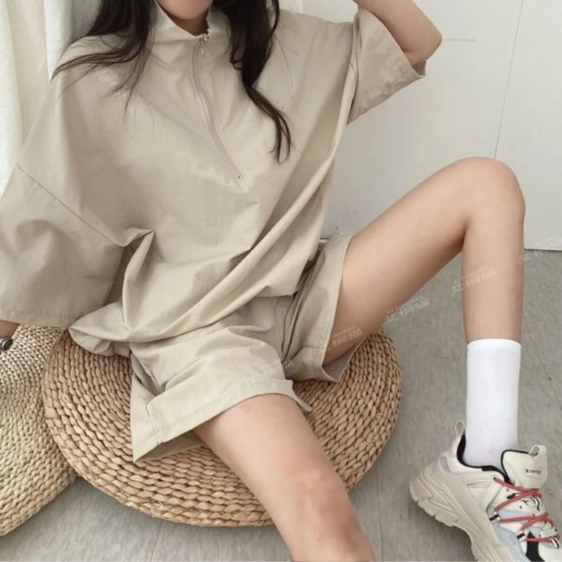 Lapel Zipper Short Sleeve Shorts Women's Two-Piece Summer Fashion Casual Sportswear Suit Loose Cotton 2-Piece Set