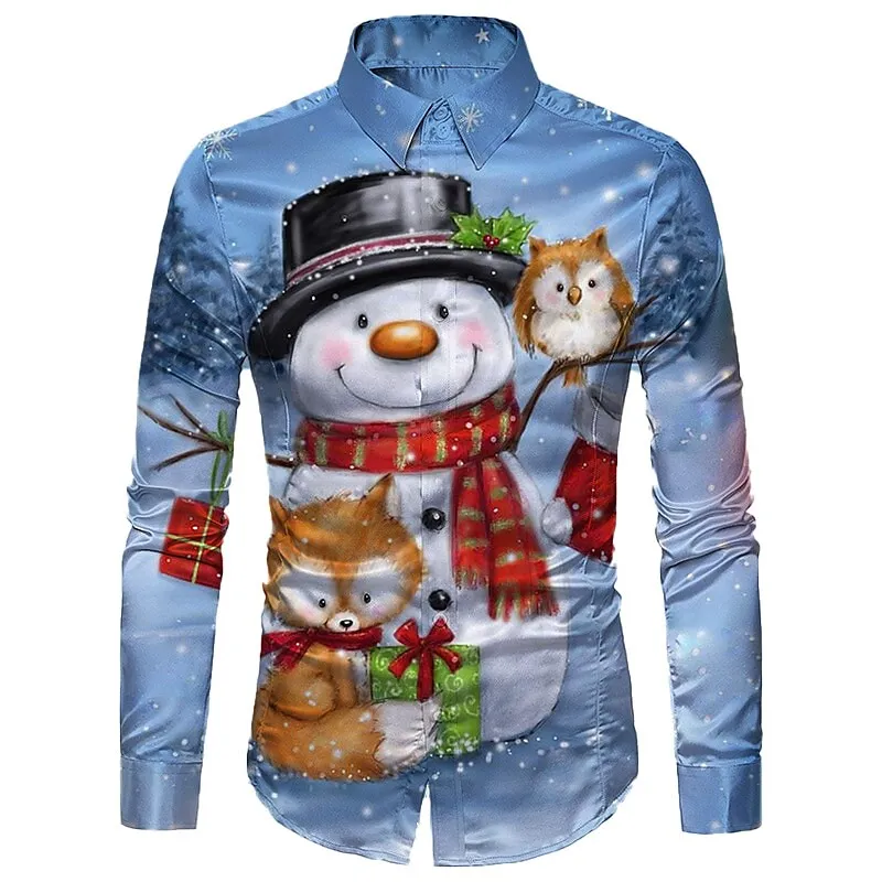Funny Snowman Print Men Shirt New Year Party Style Cartoon Long-Sleeved Shirt Santa Claus Graphic T Shirts Fashion Cardigan Tops