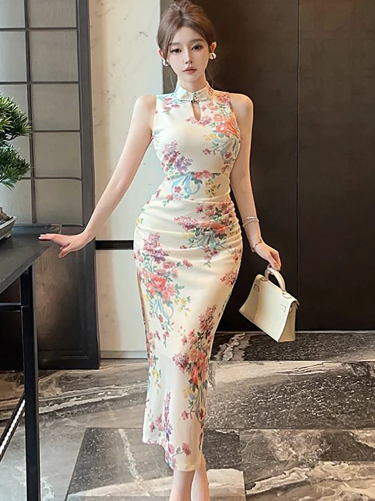 2025 корейское винтажное платье Cheongsam с цветочным принтом женское шикарное