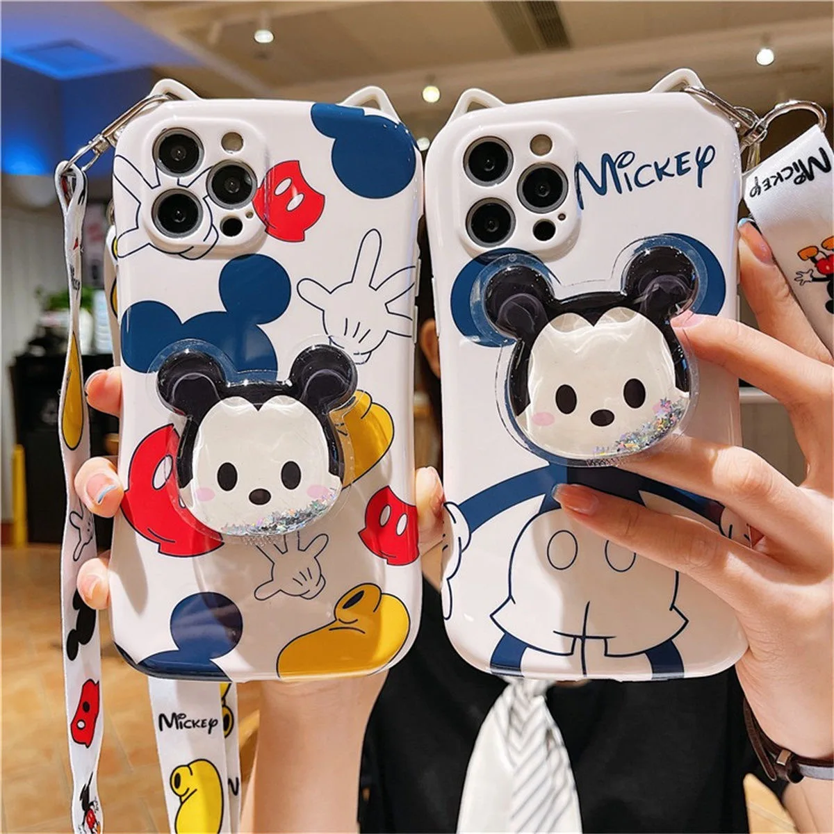 

Cat Ear Design Disney Mickey Mouse Back with Quicksand Stand Lanyard Phone Cases For iPhone 12 11 Pro Max XR XS MAX Back Cover