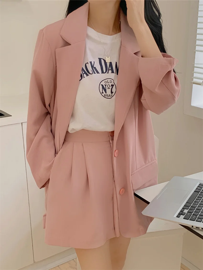 

HziriP Stylish Women Summer Two Pieces Suits Work Wear Office Lady 2022 Solid Minimalist Formal Blazers Loose Gentle Shorts