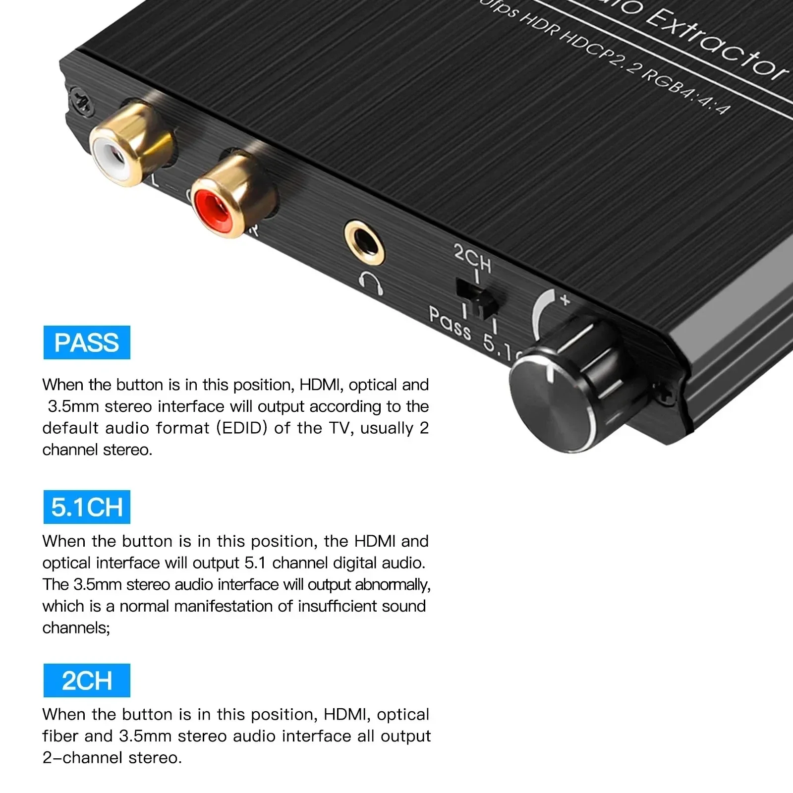 Фото Аудиоэкстрактор 4K 60 Гц HD 2.0 с оптическим выходом TOSLINK SPDIF 5.1CH R/L, 4K HD на SPDIF+R/L+3.5 мм, 18 Гбит/с, HDCP 2.2, с регулировкой громкости №3