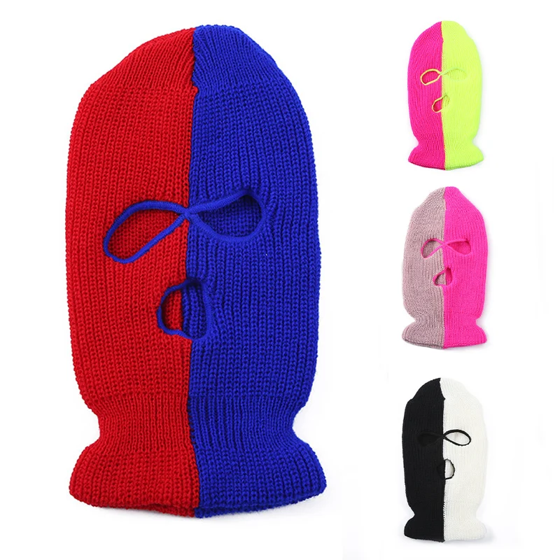 

Knitted Three-Hole Hats Outdoor Cycling Warm Pullover Hat Personalized Double Color Matching Caps Fashion Windproof Beanie Cap
