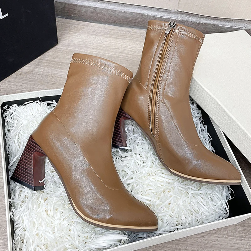 

Женские ботильоны, новинка зимы 2022, ботинки челси на высоком каблуке, модные массивные туфли-лодочки с острым носком, женская обувь, трендов...