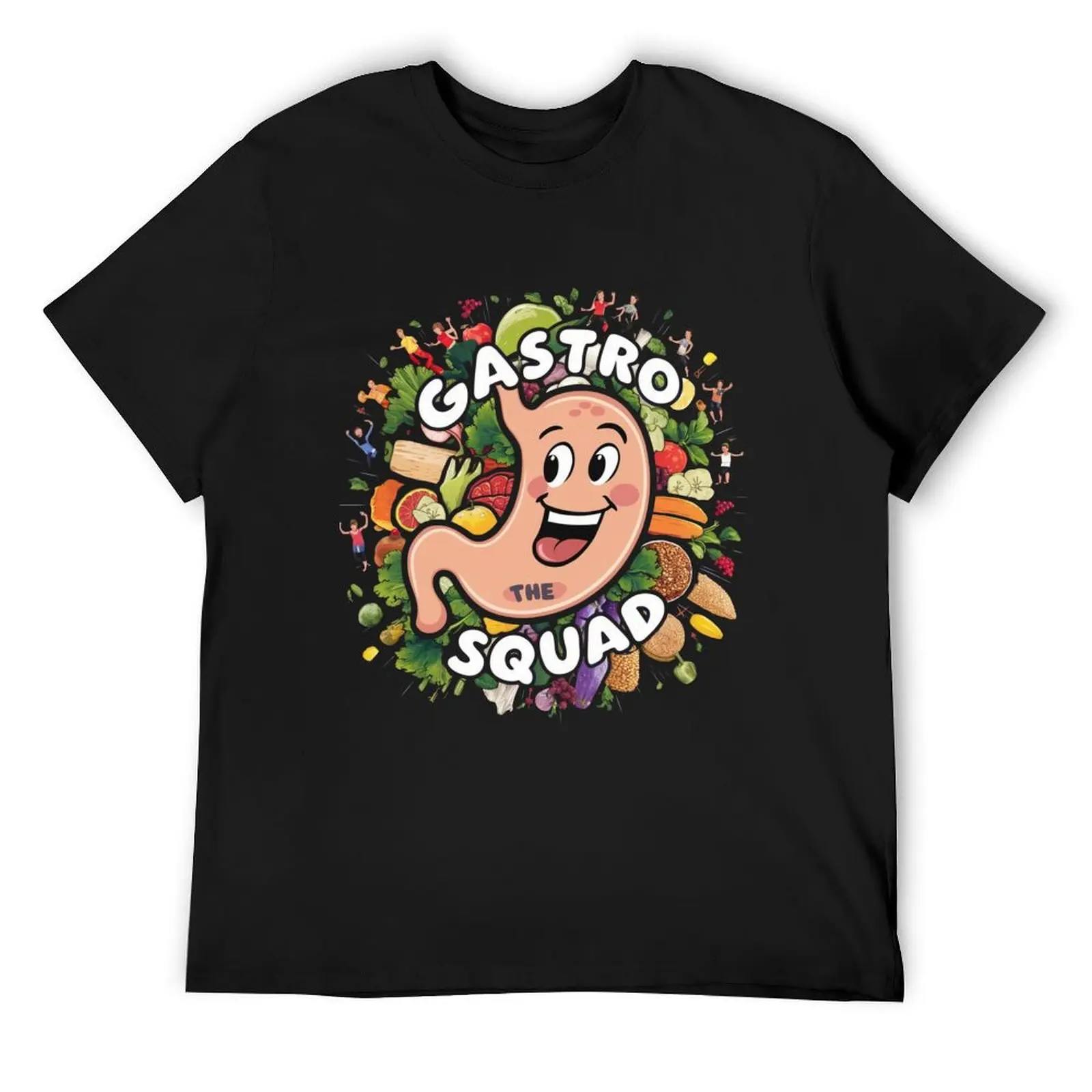 Копия мультяшного рисунка веселого желудка с логотипом Gastro Squad окруженного