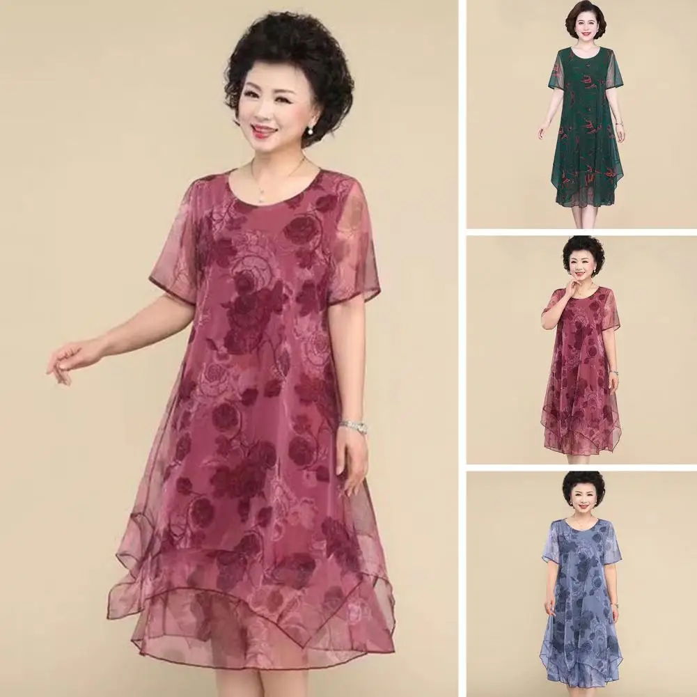 

2023 O-Neck Short Sleeve Dresses Vintage Floral Printed Summer Gauze Spliced Women's Clothing Stylish Irregular Loose Midi Dress