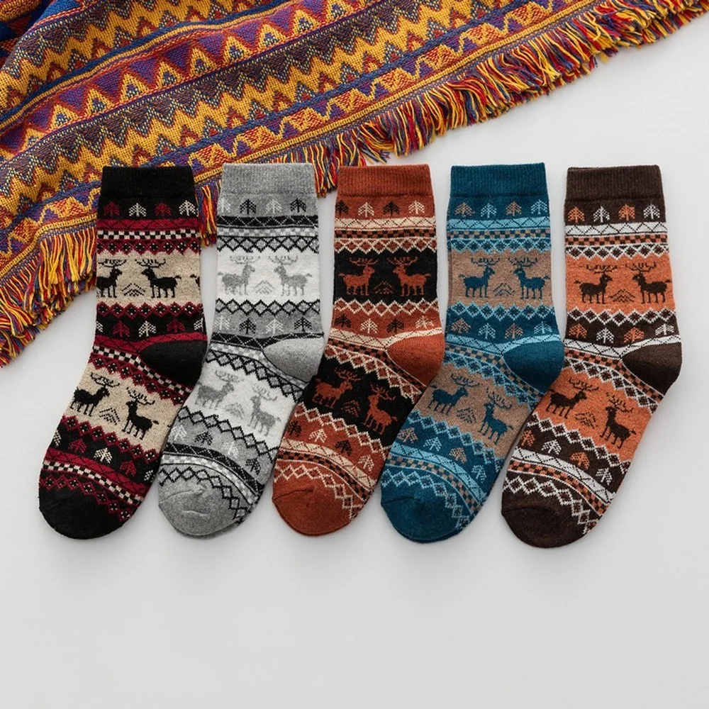 5 Pairs 2022 New Autumn and Winter Thick Warm Rabbit Wool Socks Ethnic Style Snow Fawn Elk Women Casual Socks