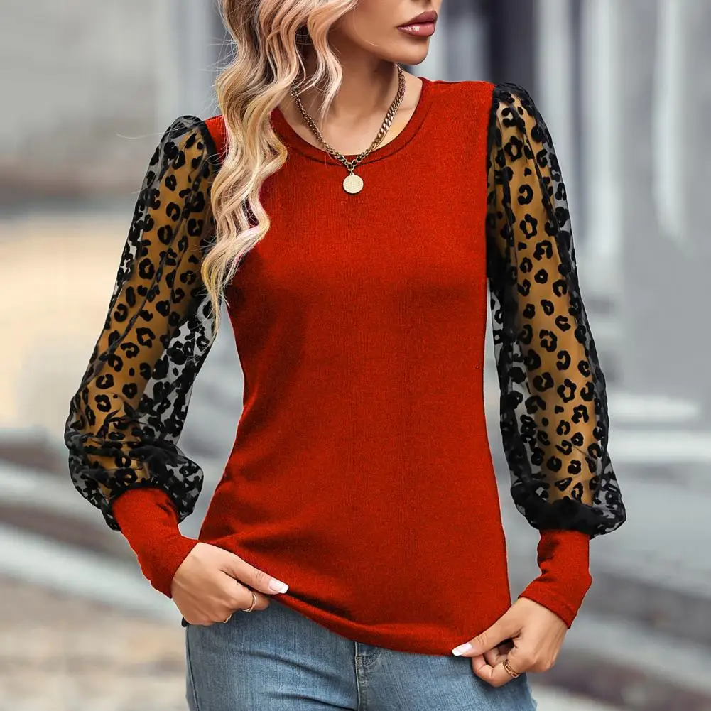 

Топ с круглым вырезом, сетчатый топ с леопардовым принтом, стильная Женская приталенная блузка на весну и осень с прозрачными вставками и длинными рукавами для дам
