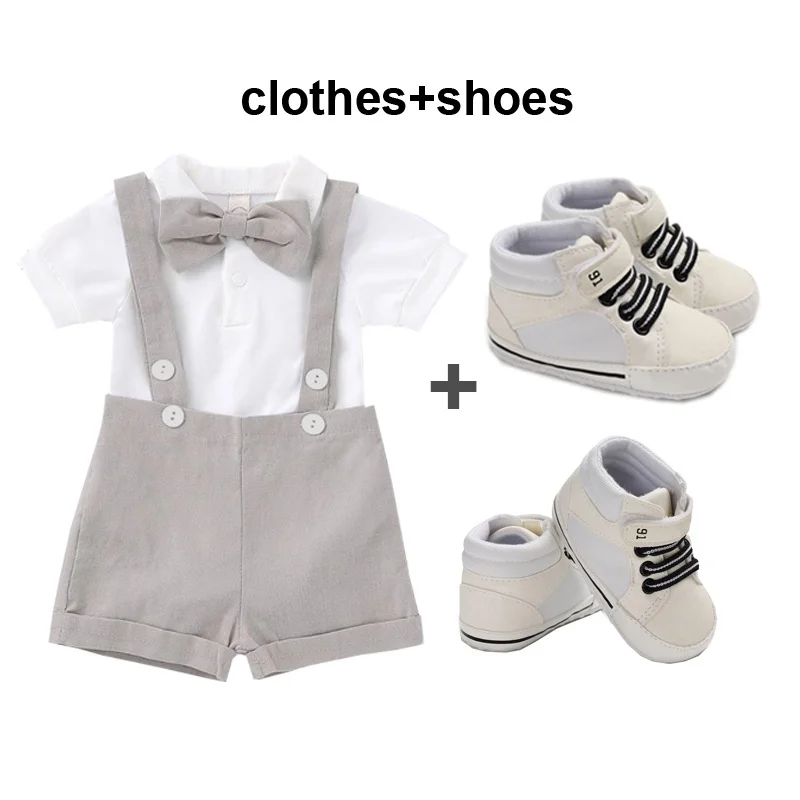 Baby Boy Clothes Gentleman Infant Outfit Bow Tie Romper Suspender Shorts with  Shoes First Walker Toddler Wedding Suit Set