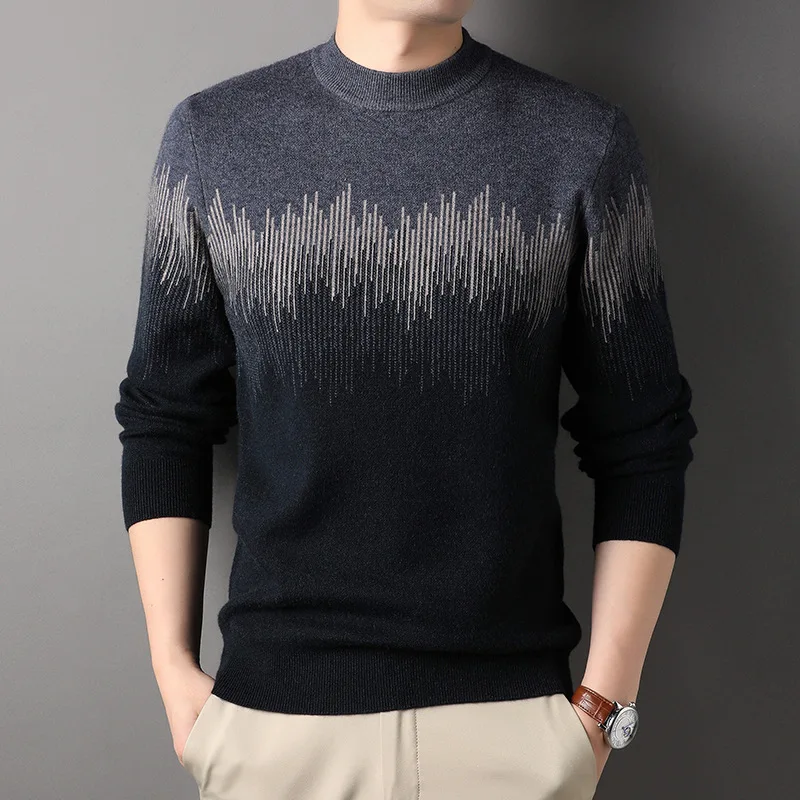 

Новинка Осень-зима 2022, высококачественный пуловер, мужской повседневный модный Жаккардовый трикотажный свитер с круглым вырезом и градиентом, мужское базовое пальто