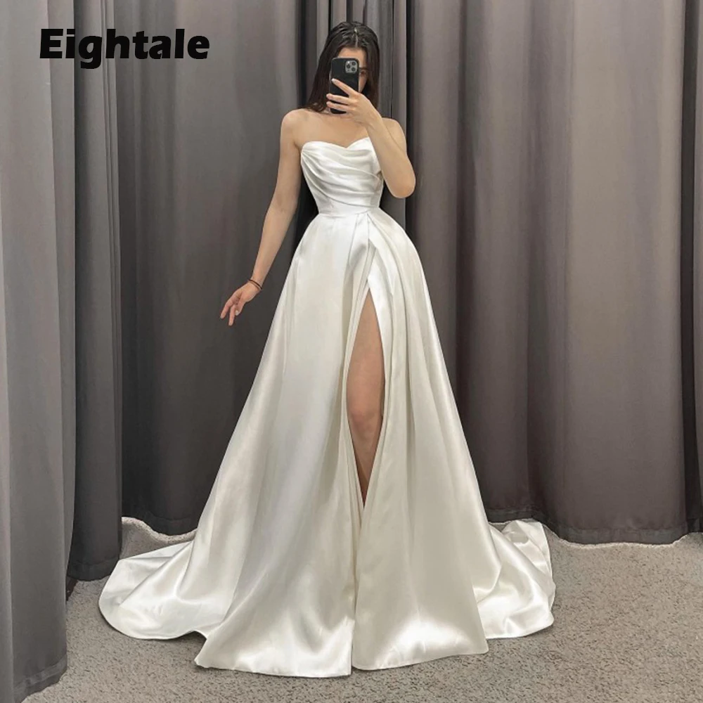 

Eightale Vintage Wedding Dresses Simple Sweetheart High Slit Satin White Ivory Custom Made Bridal Gowns Vestido De Novia