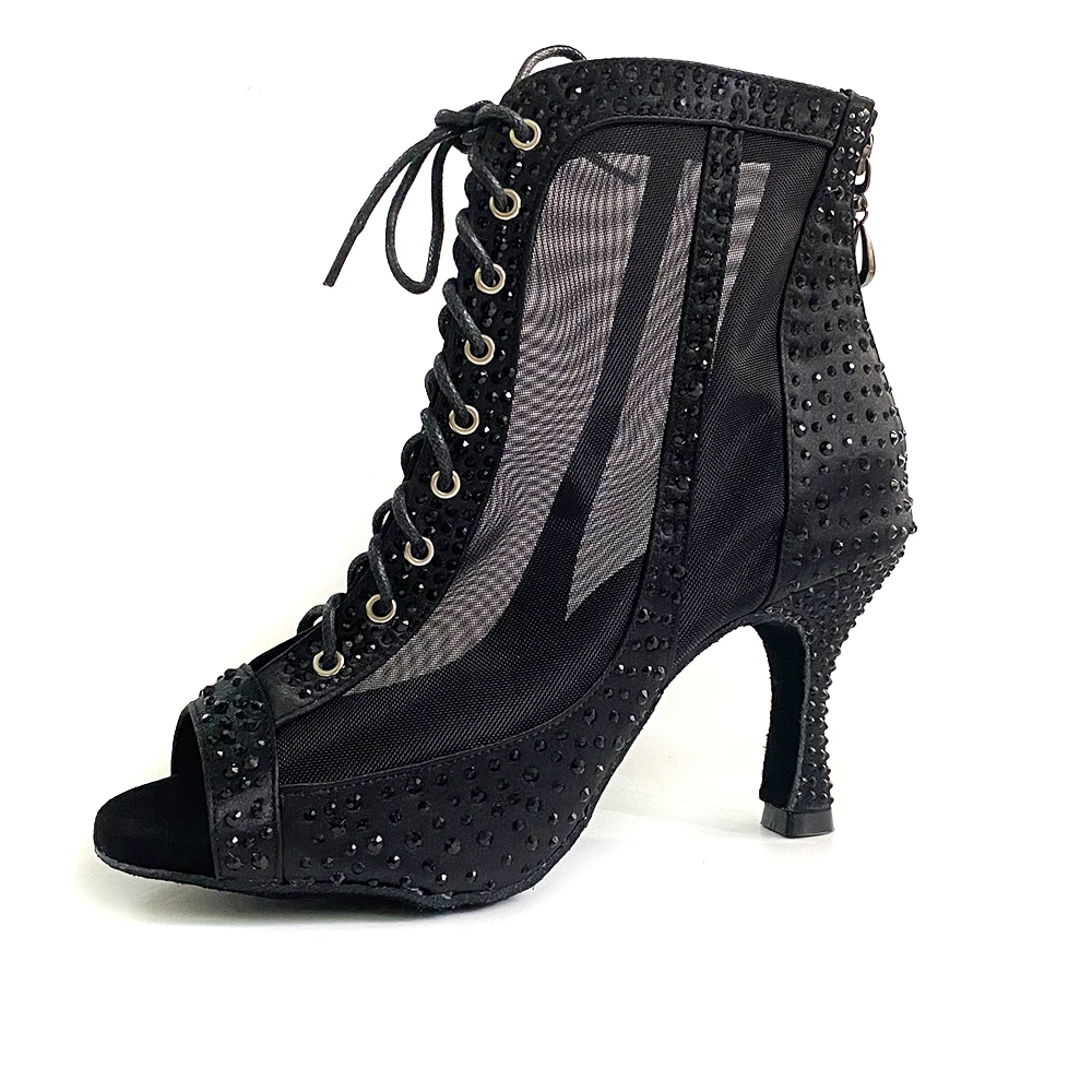 Dance Booties Styles in Different Heels 7cm 8cm 9cm Black Satin Rhinestones Latin Ballroom Dance Shoes For Girls Indoor Outdoor
