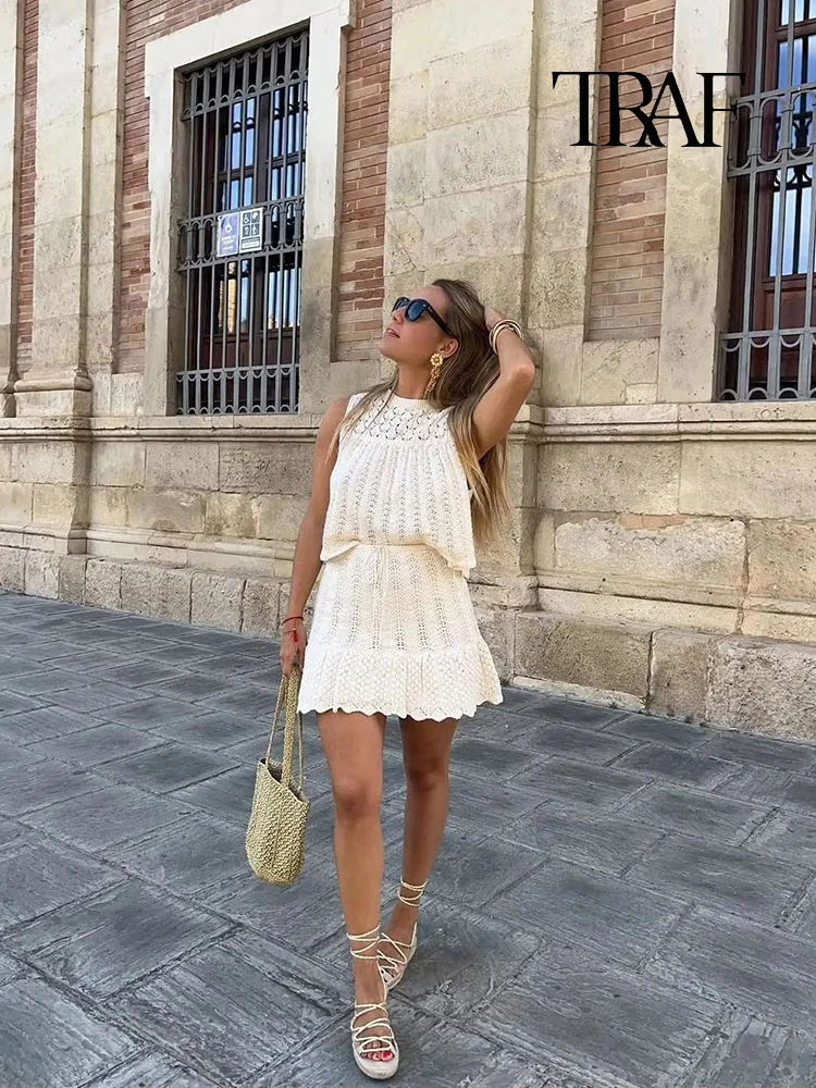 Traf Женский Вязаный Комплект Миди Элегантный Топ Без Рукавов С Круглым Вырезом И