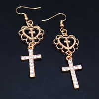 1pair kc gold color popular sacred heart rhinestone cross french hook earrings diy charm jewelry crafts gift for woman m2805