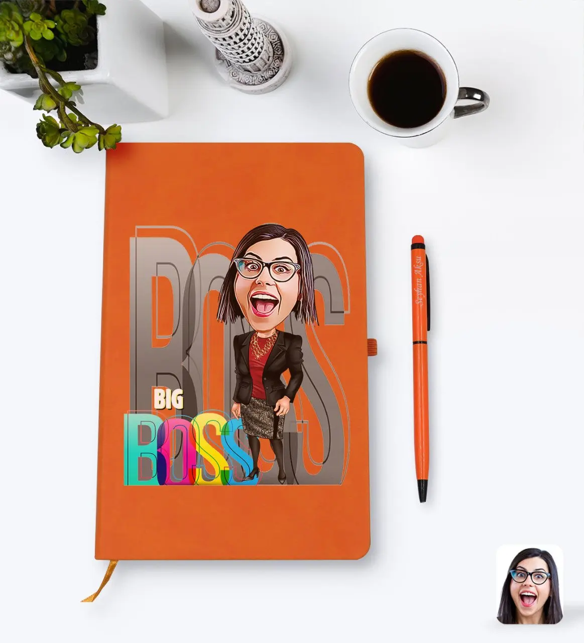 

Personalized women Big Boss cartoon orange thermo leather notebook pen set Model 1