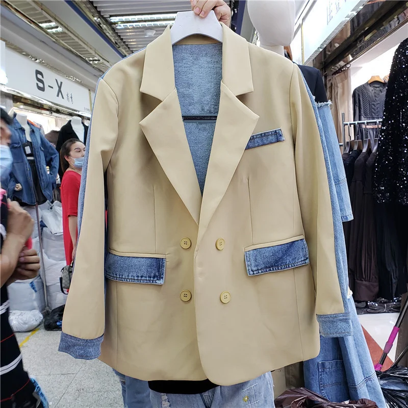 Женский джинсовый пиджак в стиле пэчворк повседневный двубортный контрастных