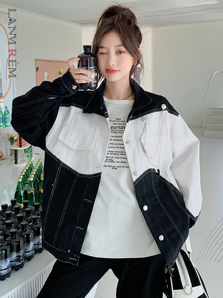 

LANMREM Streetwear Denim Contrast Color Spliced Jackets Women Lapel Single Breasted Coat Fashion 2023 Autumn New 2AA2472