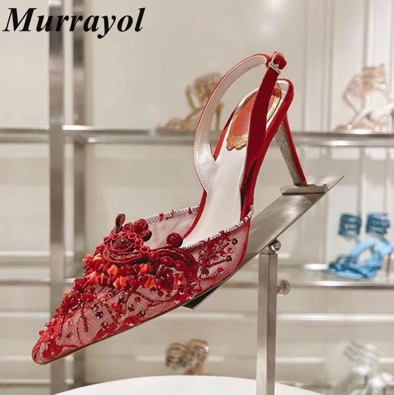 Новые кружевные марлевые босоножки с острым носком на тонком каблуке женские