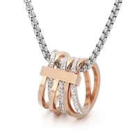 Rose Gold Titanium Stainless Steel Men Women Multilayer CZ Zircon Pendants Neckalces Elegant Rhinestone Necklace Rings Jewelry