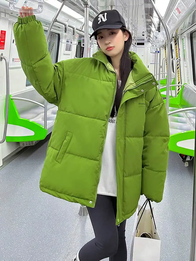 Vielleicht 2023 New Stand Collar Winter Snow Parka Women Thick Warm Hooded Jacket Clothes Loose Short Cotton Padded Coat Outwear