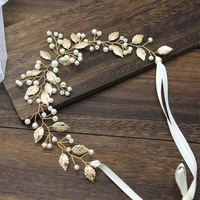 bridal wedding headband pearl and golden leaves headpiece crystal hair accessory crystal wedding headband