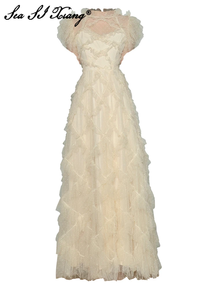 

Seasixiang Fashion Designer Summer Mesh Maxi Dress Women Stand Collar Flying Sleeve Ruffles High Waist Vintage Party Long Dress