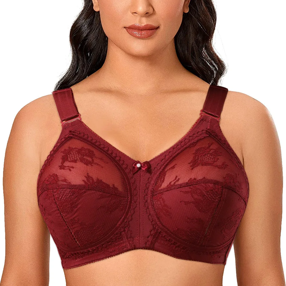 Big Size Bra Embroidery Wire Free Ultra-thin Mesh Adjusted-straps Woman Sexy Lingerie Underwear Plus Size Bra B C D DD E F G H I