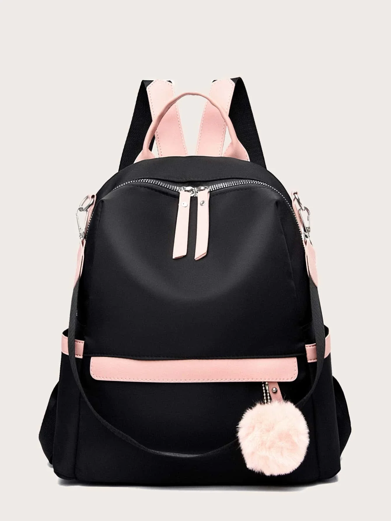 

Pom Pom Decor Curved Top Backpack