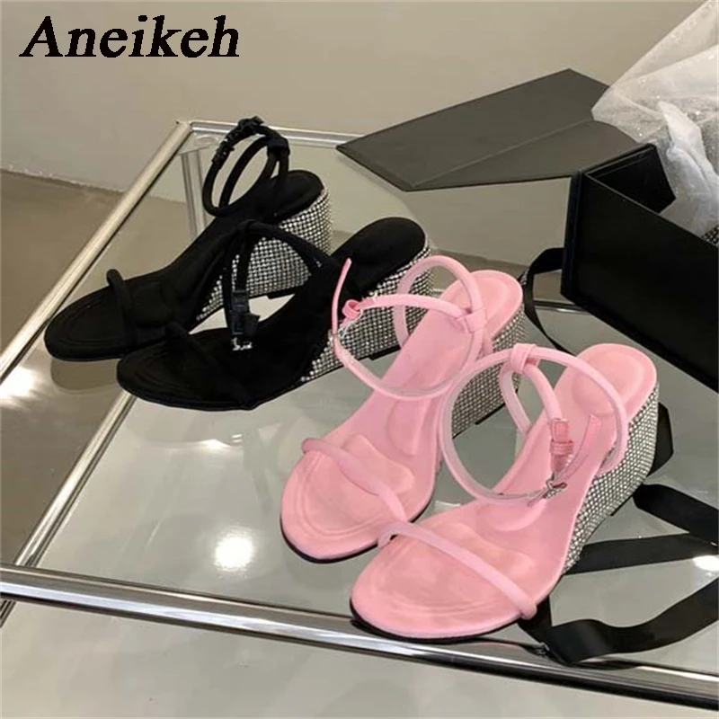

Aneikeh Shiny Crystal Wedge Sandals 2023 Women Summer Flock Open Toe Roman Shoes Fashion Sexy Party Dress Size 35-39