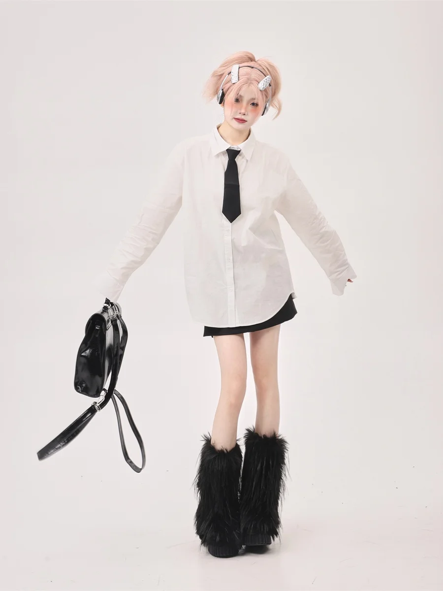 Inner wear Stacked White Long sleeve Shirts Women 2024 Autumn New Sle Tie Preppy High-Grade Loose Shirt