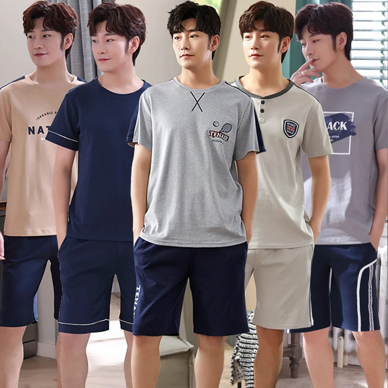 

2022 Summer 100% Cotton Short Sleeve Pajama Sets for Men Korean Loose Outerwear Sleepwear Suit Pyjama Male Homewear Home Clothes