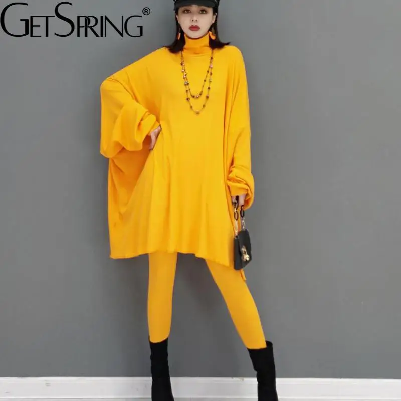 

GetSpring Women Pants Sets 2022 Fashion Turtleneck Batwing Sleeve Loose Long Sweater High Waist Slim Pants Two Piece Sets New