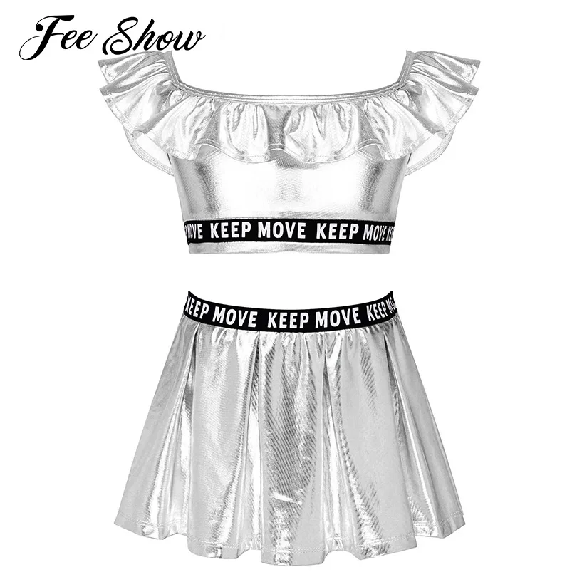 

Kids Girls Metallic Modern Dance Suit Costumes Off Shoulder Ruffle Flounce Top Skirt Set Sport Jazz Dancing Outfit Performance