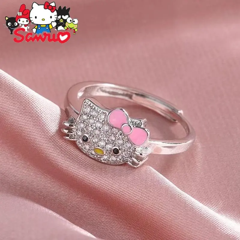 

Sanrio Hello Kitty Diamond Open Ring Girlfriend Cute Pendant Necklace Woman Reflective Clavicle Chain Necklace Hip Hop Gifts