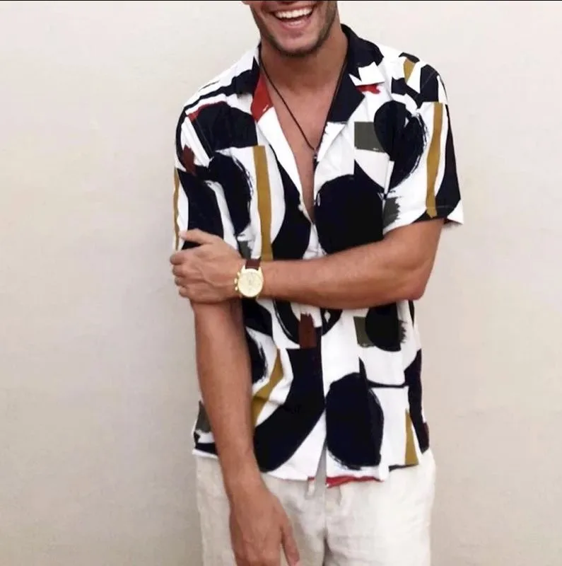2022 summer new cotton blended retro men's shirts European and American fashion shirts short-sleeved printed Hawaiian men's tops