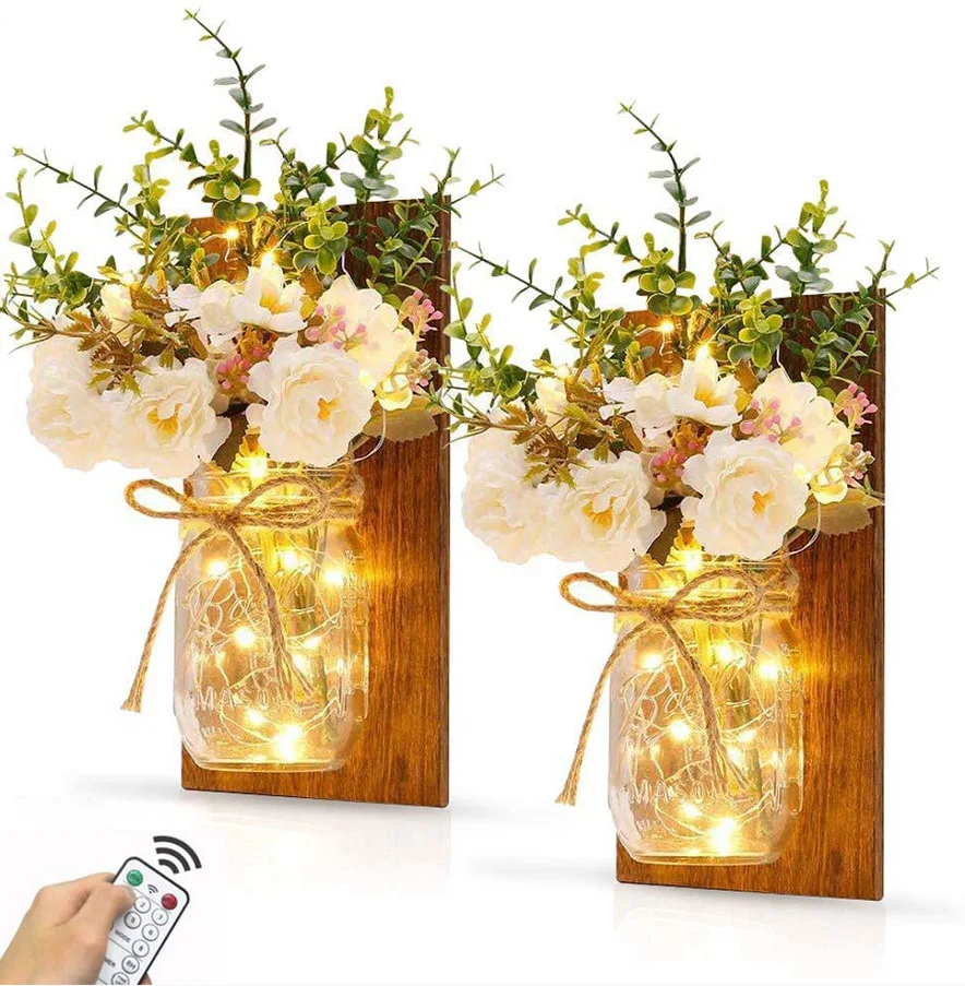 

2pcs Mason Rustic Lamp Wall Handmade Art Hanging Design LED Fairy Lights White Peony Farmhouse Kitchen Garden Wall Home Decor