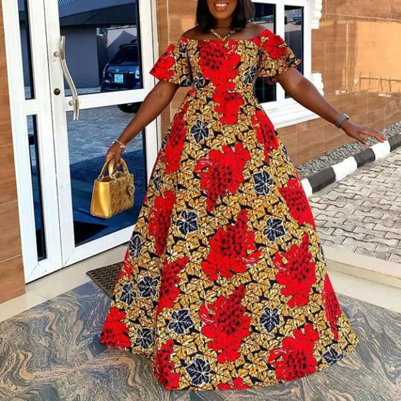 

Summer Holiday Vestidos VONDA Vintage Printed Off Shoulder Pleated Long Maxi Dresses Short Flare Sleeve High Waist A-Lined Robes