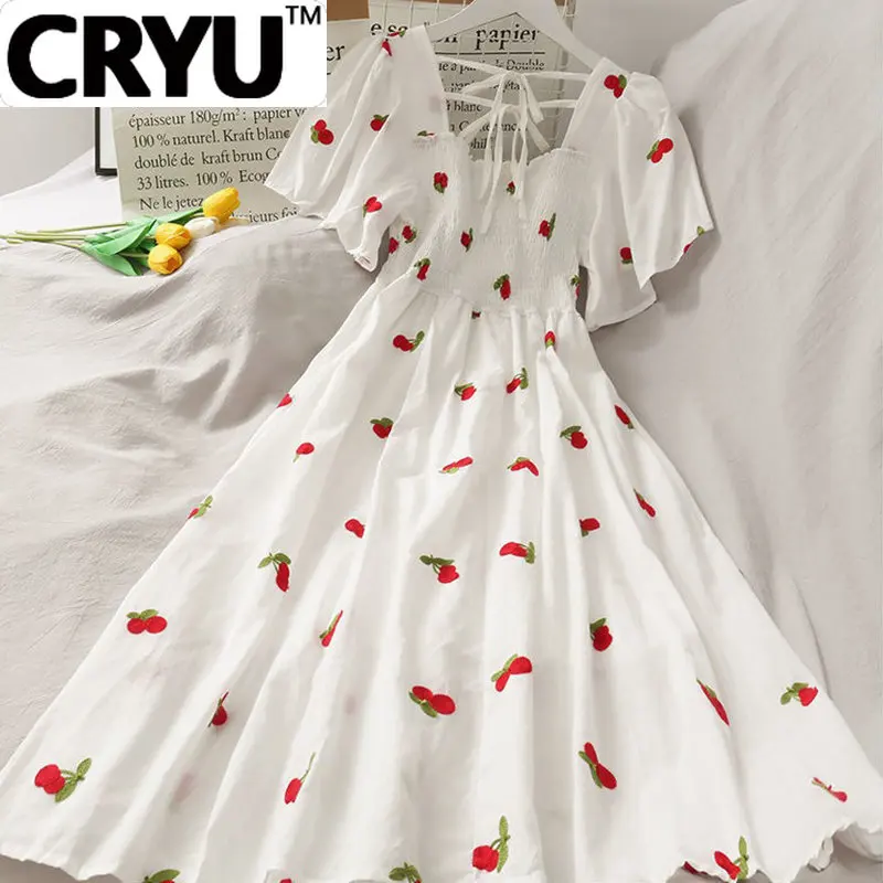 

Fruit Printing Slim Midi Dress Women Summer Japanese Elegant Preppy Cute Short Sleeve Dress Harajuku Sweet Casual A Line Dress