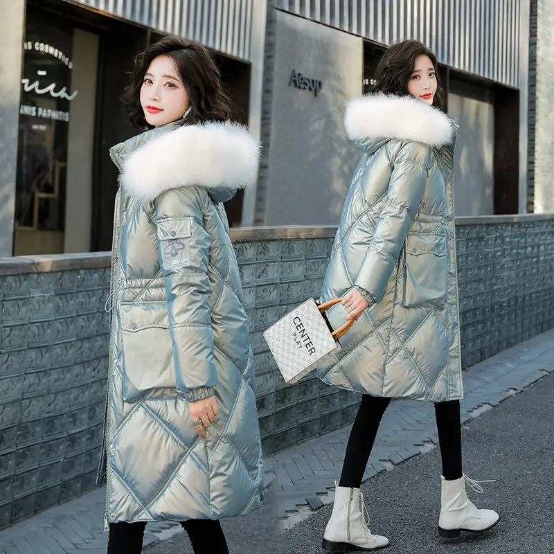 Winter Coat Womens Shiny Hooded Padded Jacket Warmth Parka Jacket Free Shipping Mid Length Top Wholesale Plus Size Loose Leisure