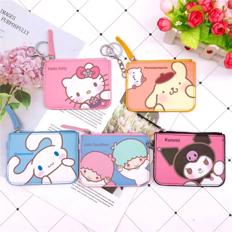 

Cartoon Sanrio Kuromi Cinnmoroll Pompom Purin My Melody Kitty ID Card Set Certificate Zero Wallet Integrated Keychain