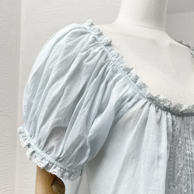 Небесно-Голубой 2024 женские милые универсальные складки с пышными рукавами